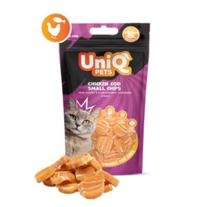 uniq pets mačji priboljški mimi 50 g – majhni čipsi iz piščanca in polenovke