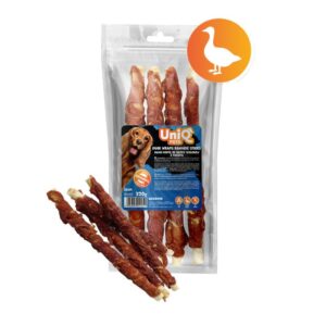 uniq pets pasji priboljški rawhide 320 g – surove kožne paličice ovite v račje meso 28 cm